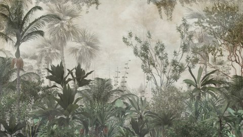 Fototapeta Tropical Trees And Leaves Wallpaper Design In Foggy Forest - 3D Flizelina Zmywalna 368x280 FT-448525-VEML10