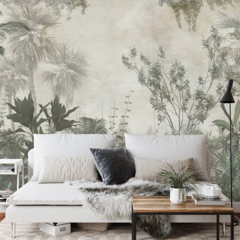 Fototapeta Tropical Trees And Leaves Wallpaper Design In Foggy Forest - 3D Flizelina Zmywalna 416x254 FT-448525-VEMLXXXL