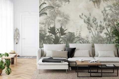 Fototapeta Tropical Trees And Leaves Wallpaper Design In Foggy Forest - 3D Flizelina Zmywalna 450x300 FT-448525-VEML450-300