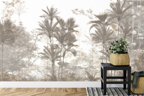 Fototapeta Tropical Trees And Leaves Wallpaper Design In Foggy Forest - 3D Flizelina Zmywalna 254x184 FT-448526-VEML4