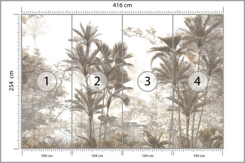 Fototapeta Tropical Trees And Leaves Wallpaper Design In Foggy Forest - 3D Flizelina Zmywalna 416x254 FT-448526-VEMLXXXL