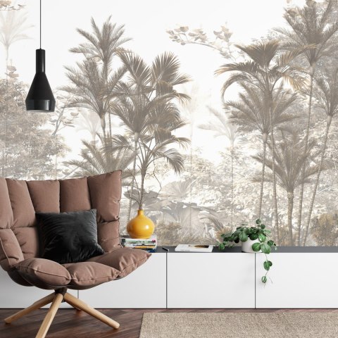 Fototapeta Tropical Trees And Leaves Wallpaper Design In Foggy Forest - 3D Flizelina Zmywalna 460x300 FT-448526-VEML12