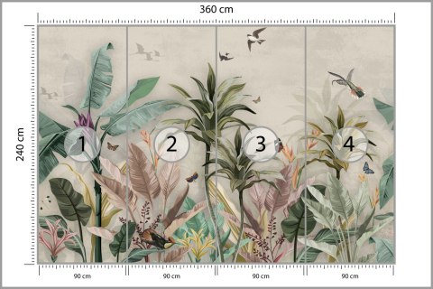 Fototapeta Wallpaper Palm Tropical Forest Vintage Jungle Pattern With Birds Flizelina 360x240 FT-448527-VE360-240