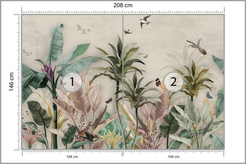 Fototapeta Wallpaper Palm Tropical Forest Vintage Jungle Pattern With Birds Flizelina Zmywalna 208x146 FT-448527-VEMLXL