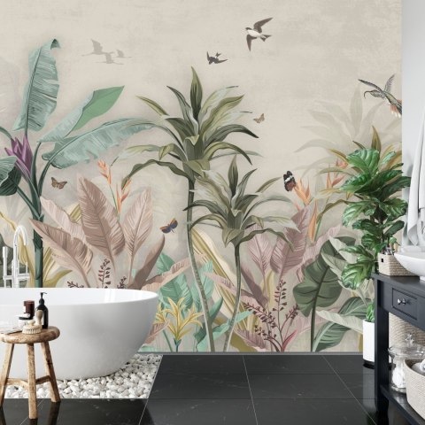 Fototapeta Wallpaper Palm Tropical Forest Vintage Jungle Pattern With Birds Flizelina Zmywalna 254x184 FT-448527-VEML4