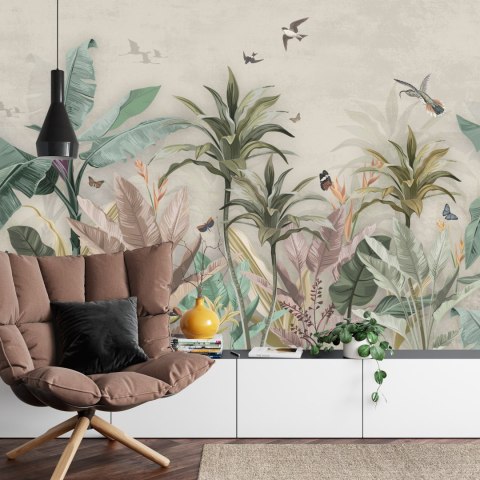 Fototapeta Wallpaper Palm Tropical Forest Vintage Jungle Pattern With Birds Flizelina Zmywalna 520x318 FT-448527-VEMLXXXXXL