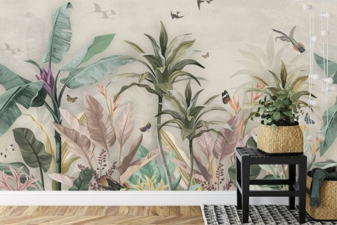 Fototapeta Wallpaper Palm Tropical Forest Vintage Jungle Pattern With Birds Tapeta Samoprzylepna 180x120 FT-448527-SK180-120