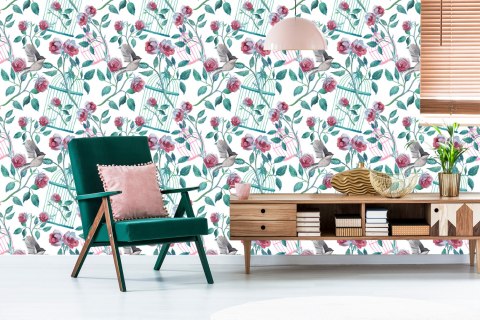 Tapeta Róże Ptaki Klatki