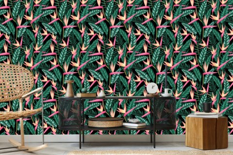 Tapeta Tropikalne Kwiaty Z Liśćmi Palmowymi