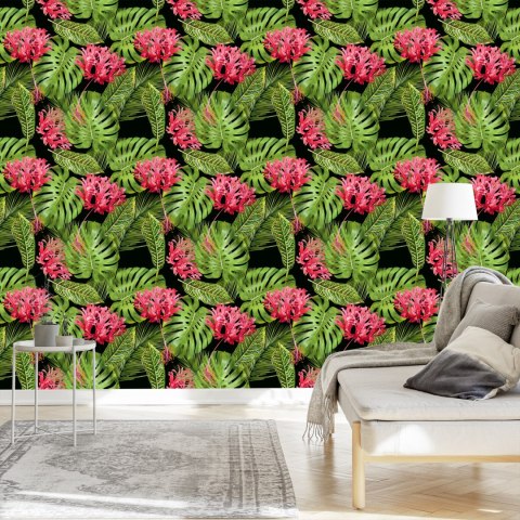 Tapeta Tropikalne Kwiaty W Liściach