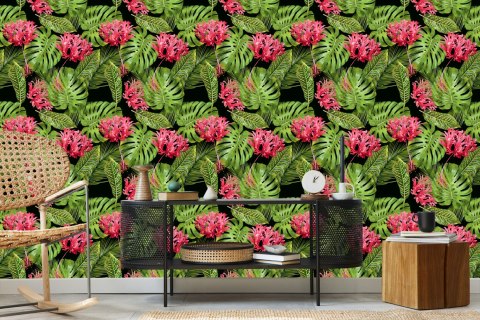 Tapeta Tropikalne Kwiaty W Liściach