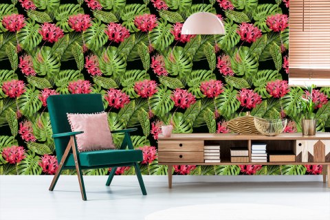 Tapeta Tropikalne Kwiaty W Liściach