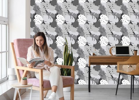 Tapeta Tropikalne Liście W Odcieniach Szarości