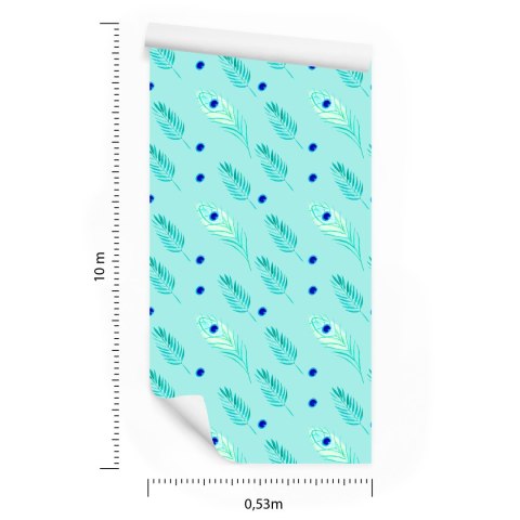 Tapeta Turkusowa - Pawie Pióra I Liście