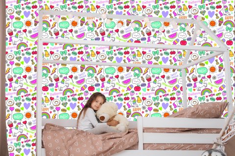 Tapeta Dla Dzieci - Jednorożce, Owoce, Słodycze I Chmurki