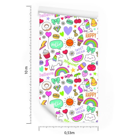 Tapeta Dla Dzieci - Jednorożce, Owoce, Słodycze I Chmurki