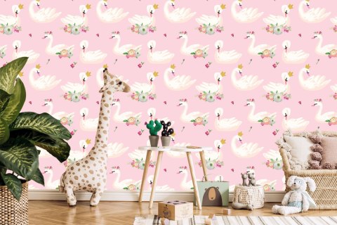 Tapeta Bajkowa Dla Dzieci, Łabędzie Kwiaty Natura