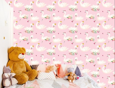 Tapeta Bajkowa Dla Dzieci, Łabędzie Kwiaty Natura