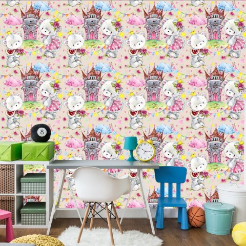 Tapeta Bajkowa Dla Dzieci, Misie, Chmury, Zamek