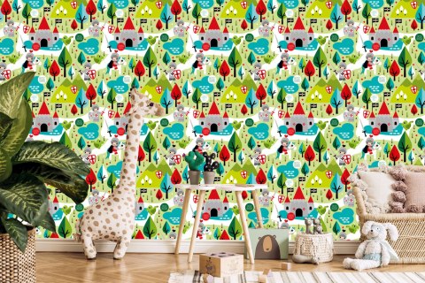 Tapeta Bajkowa Dla Dzieci, Rycerze, Smoki, Drzewa