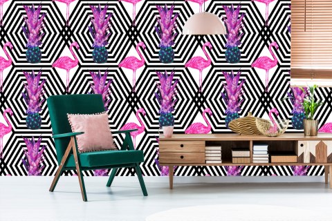 Tapeta Ananasy I Flamingi