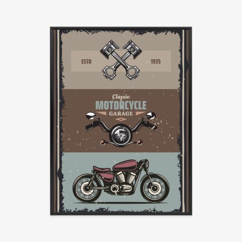 Plakat Motocykl Z Akcesoriami I Napisami W Stylu Vintage Rama Aluminiowa Kolor Czarny