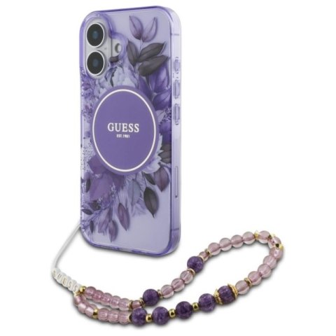 Guess IML Flowers With Pearl Strap MagSafe - Etui iPhone 16 Plus (fioletowy)