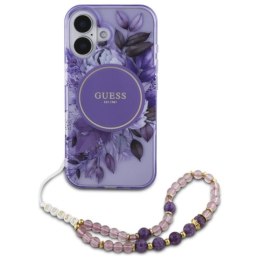 Guess IML Flowers With Pearl Strap MagSafe - Etui iPhone 16 Plus (fioletowy)