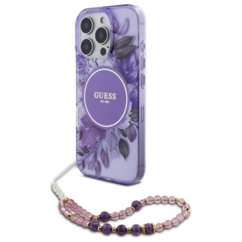 Guess IML Flowers With Pearl Strap MagSafe - Etui iPhone 16 Pro Max (fioletowy)