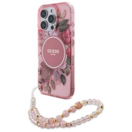 Guess IML Flowers With Pearl Strap MagSafe - Etui iPhone 16 Pro Max (różowy)