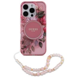 Guess IML Flowers With Pearl Strap MagSafe - Etui iPhone 16 Pro Max (różowy)