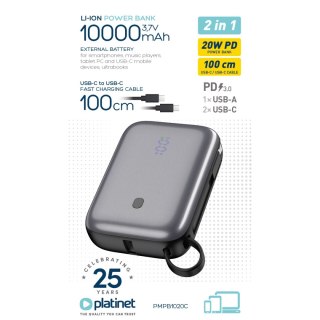 PLATINET POWER BANK 10000 mAh 20W PD WITH CABLE MINI SIZE LED GREY [46011]