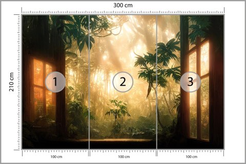 Fototapeta A Large Arch-Shaped Window, A Portal In The Dark Mystical Forest, The Sun's Rays Pass Through The Window And Tre