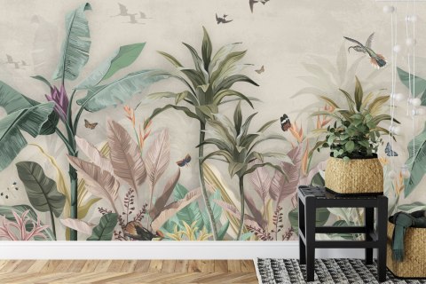Fototapeta Wallpaper Palm Tropical Forest Vintage Jungle Pattern With Birds Flizelina Zmywalna 460x300 FT-448527-VEML12