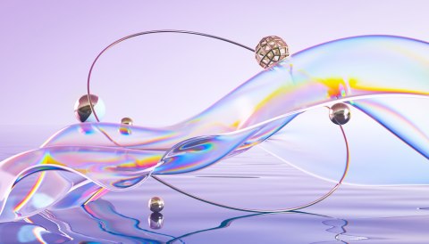 Fototapeta Abstract 3D Render. Glass Ribbon On Water With Geometric Circle And Spheres. Holographic Shape In Motion. Iridescent 