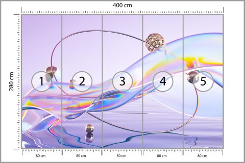 Fototapeta Abstract 3D Render. Glass Ribbon On Water With Geometric Circle And Spheres. Holographic Shape In Motion. Iridescent 