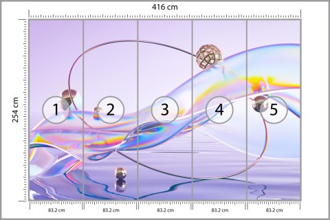 Fototapeta Abstract 3D Render. Glass Ribbon On Water With Geometric Circle And Spheres. Holographic Shape In Motion. Iridescent 