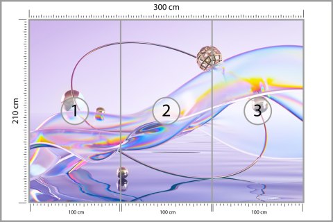 Fototapeta Abstract 3D Render. Glass Ribbon On Water With Geometric Circle And Spheres. Holographic Shape In Motion. Iridescent 