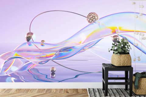 Fototapeta Abstract 3D Render. Glass Ribbon On Water With Geometric Circle And Spheres. Holographic Shape In Motion. Iridescent 