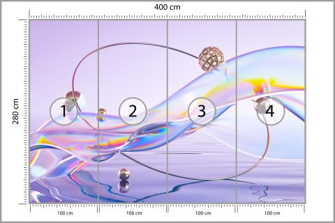Fototapeta Abstract 3D Render. Glass Ribbon On Water With Geometric Circle And Spheres. Holographic Shape In Motion. Iridescent 