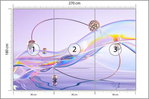 Fototapeta Abstract 3D Render. Glass Ribbon On Water With Geometric Circle And Spheres. Holographic Shape In Motion. Iridescent 