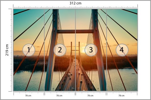 Fototapeta Beautiful Panoramic Aerial Drone View To Cable-Stayed Siekierkowski Bridge Over The Vistula River And Warsaw City Sky