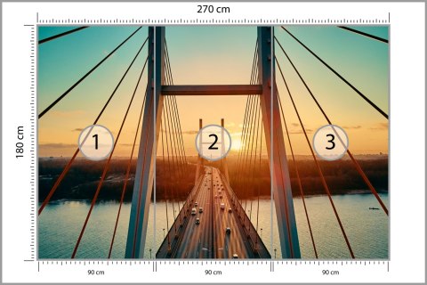 Fototapeta Beautiful Panoramic Aerial Drone View To Cable-Stayed Siekierkowski Bridge Over The Vistula River And Warsaw City Sky