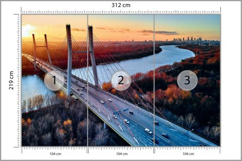 Fototapeta Beautiful Panoramic Aerial Drone View To Cable-Stayed Siekierkowski Bridge Over The Vistula River And Warsaw City Sky