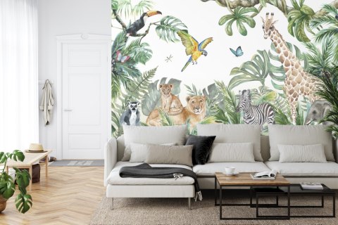 Fototapeta Children's Wallpaper, Watercolor Jungle And Animals. Lions, Giraffe, Elephant, Parrots, Zebra, Lemur Flizelina 3