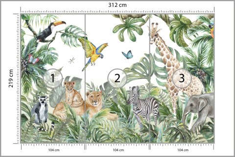 Fototapeta Children's Wallpaper, Watercolor Jungle And Animals. Lions, Giraffe, Elephant, Parrots, Zebra, Lemur Flizelina 3