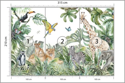 Fototapeta Children's Wallpaper, Watercolor Jungle And Animals. Lions, Giraffe, Elephant, Parrots, Zebra, Lemur Flizelina Z