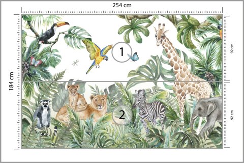 Fototapeta Children's Wallpaper, Watercolor Jungle And Animals. Lions, Giraffe, Elephant, Parrots, Zebra, Lemur Flizelina Z