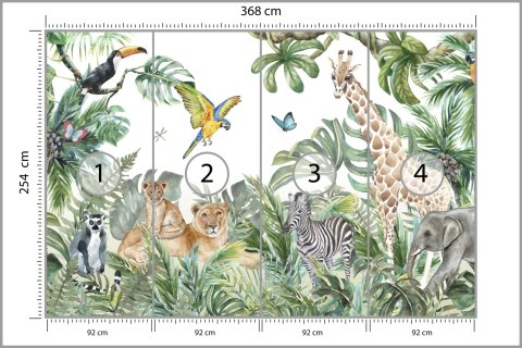 Fototapeta Children's Wallpaper, Watercolor Jungle And Animals. Lions, Giraffe, Elephant, Parrots, Zebra, Lemur Flizelina Z