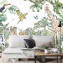 Fototapeta Children's Wallpaper, Watercolor Jungle And Animals. Lions, Giraffe, Elephant, Parrots, Zebra, Lemur Flizelina Z